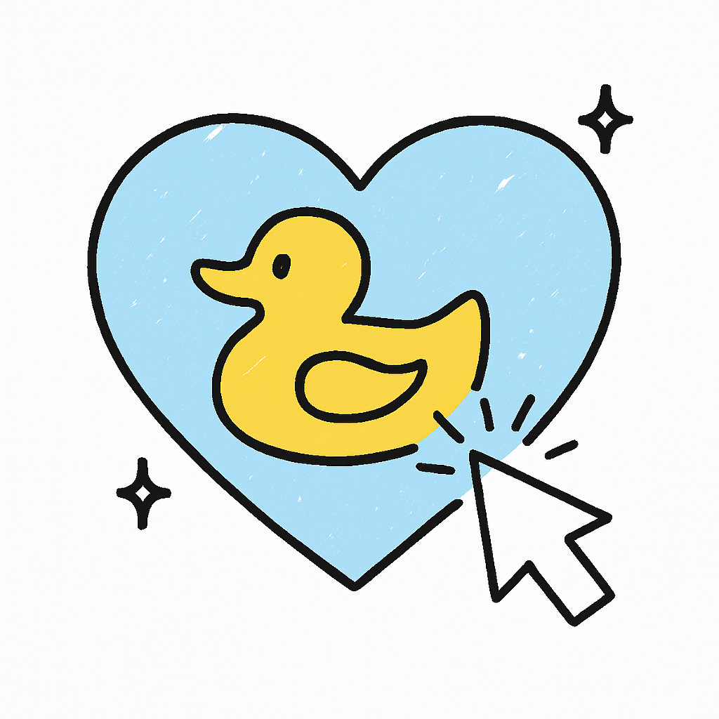 Yellow duck inside a blue heart with a clicking cursor.