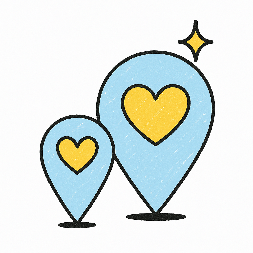 Two blue location pins with yellow hearts inside, one sparkling.