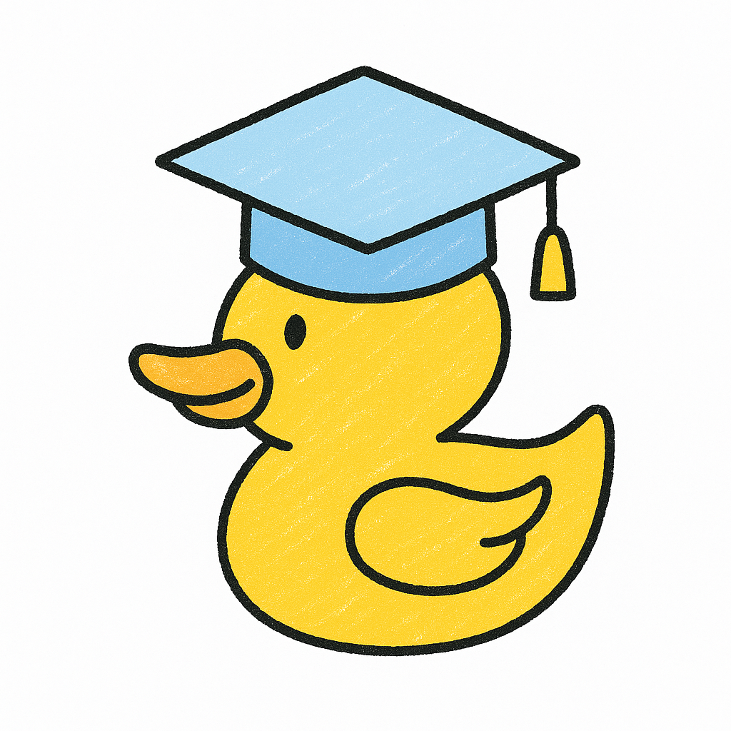 Yellow duck wearing a light blue graduation cap.