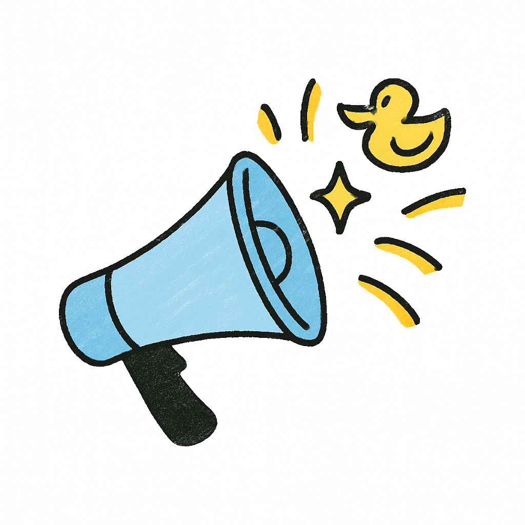 Blue megaphone with a yellow duck and stars, making an announcement.