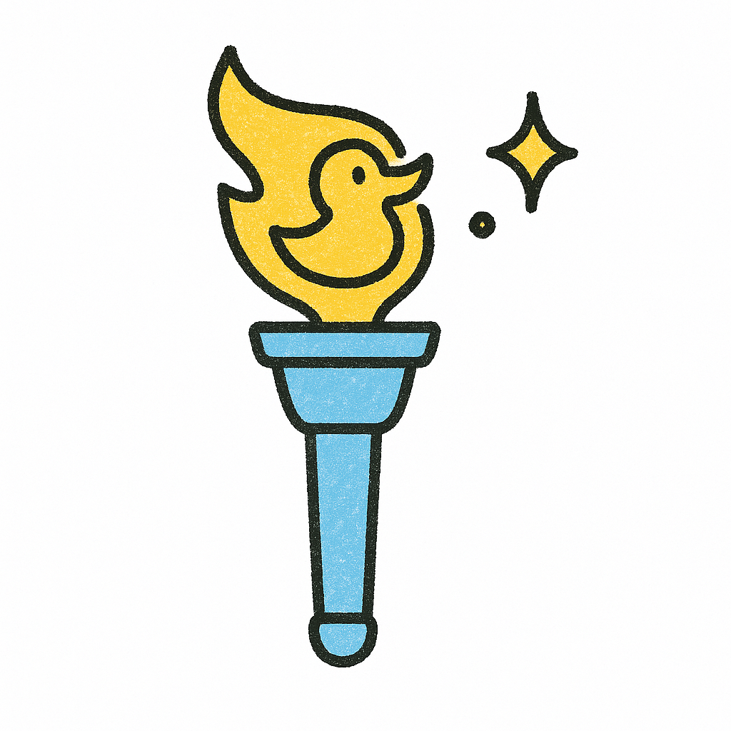 Torch with a duck-shaped flame, sparkling. Blue handle and gold fire.