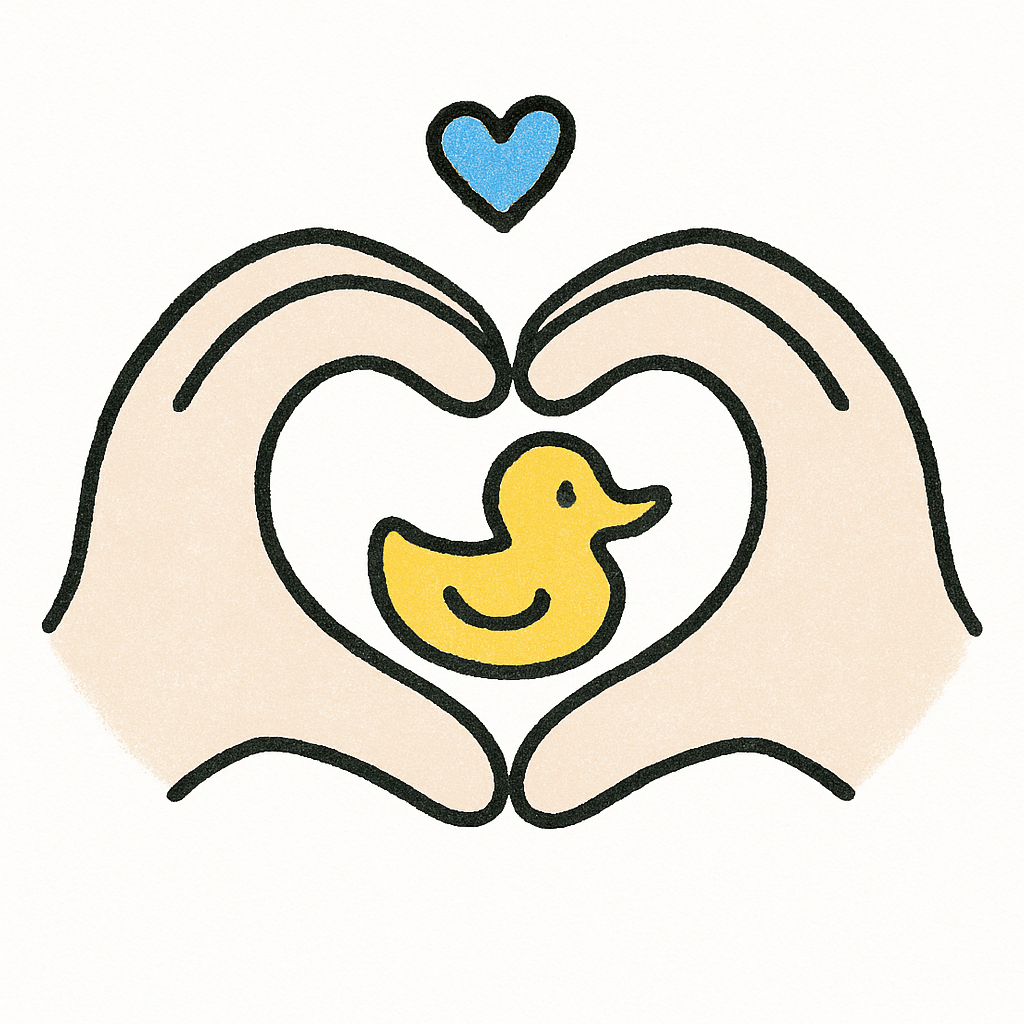 Hands forming heart around yellow duck, blue heart above.
