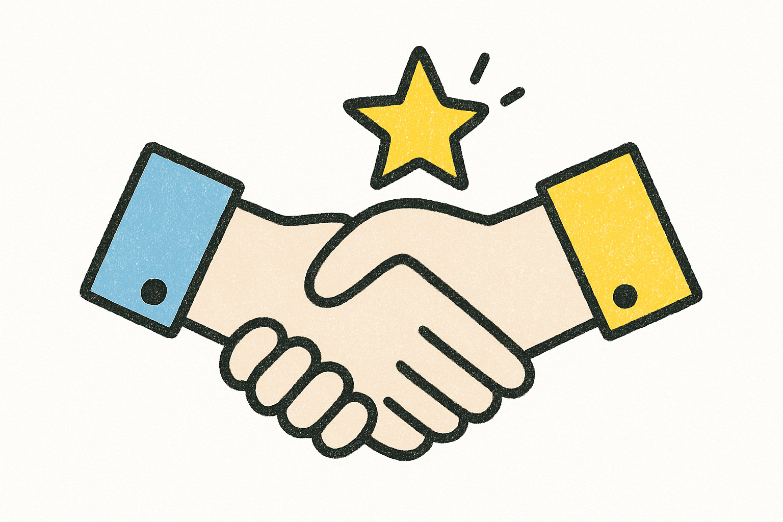 Two hands shaking, star above, blue and yellow cuffs.