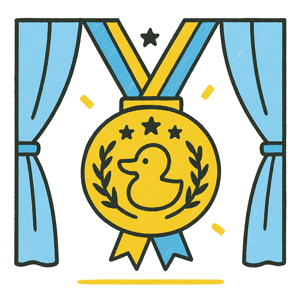 Gold medal with duck, laurel, and stars, hanging from yellow ribbon on stage with blue curtains.