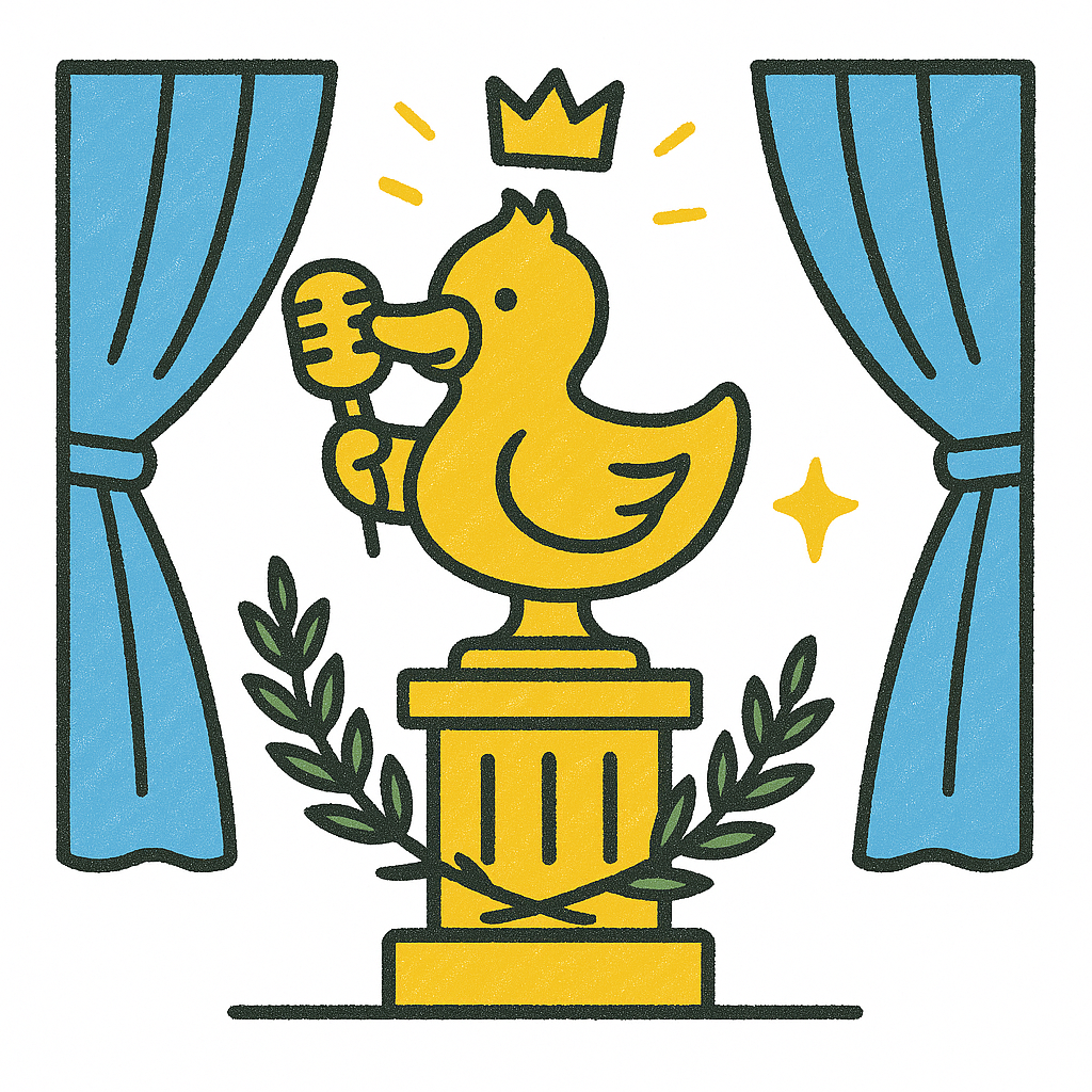 Gold duck statue holding a microphone, wearing a crown. Blue curtains, star, and laurel leaves surround it.