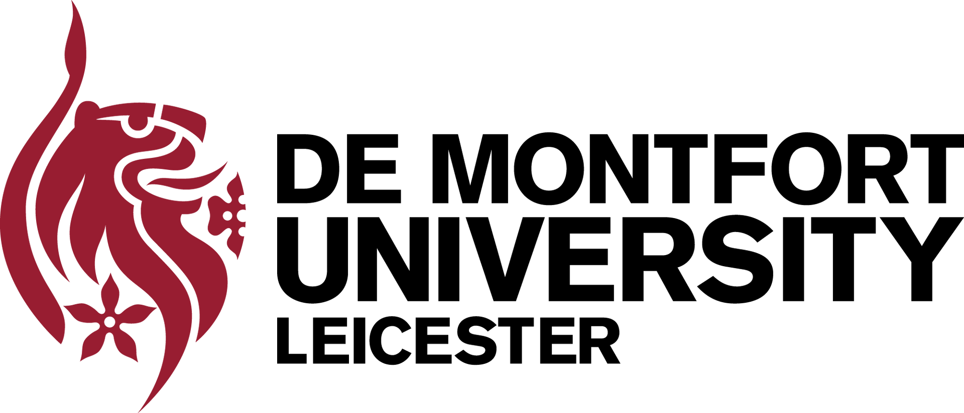 De Montfort University Leicester logo: Lion emblem and text in burgundy and black.