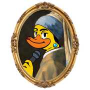 Duck wearing pearl earring, holding microphone, parody of 