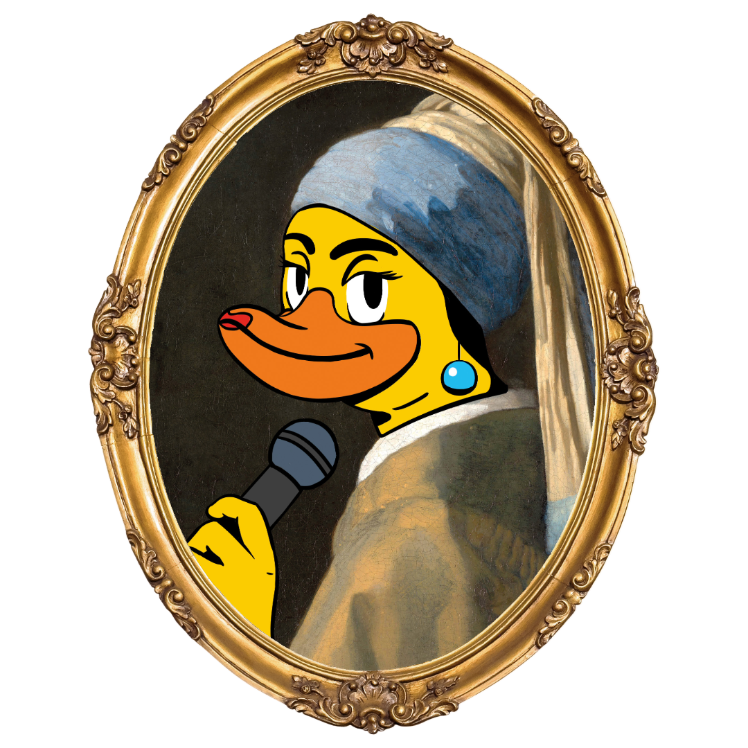 Duck wearing pearl earring, holding microphone, parody of 