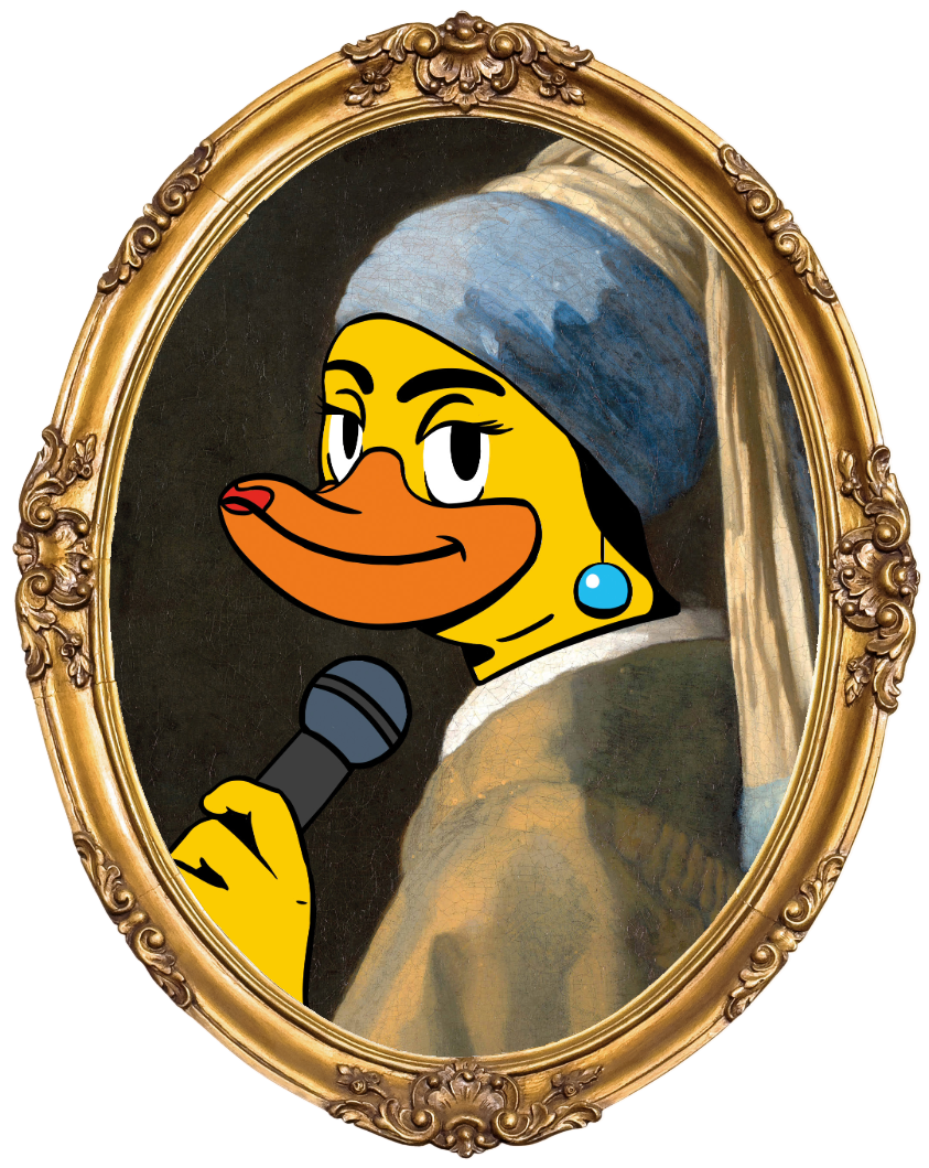 Duck wearing a headscarf and earring, holding a microphone, in a framed portrait reminiscent of 