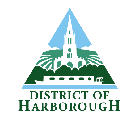 District of Harborough logo: White church, green landscape, boat, blue triangle.