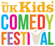 The UK Kids' Comedy Festival logo with colorful text and a white figure with arms raised.