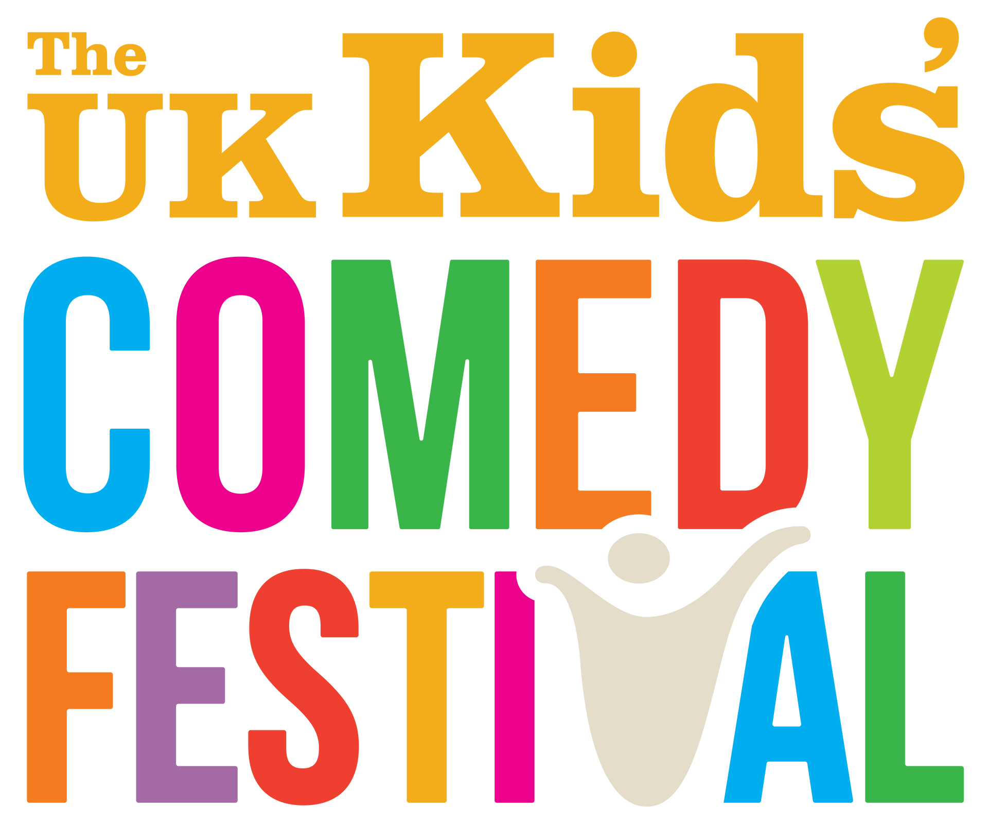The UK Kids' Comedy Festival logo with colorful text and a white figure with arms raised.