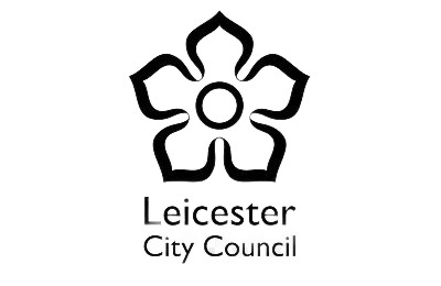 Logo of Leicester City Council: Black flower icon above text 