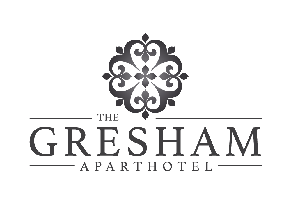 Logo for The Gresham Aparthotel with a decorative floral design above the text.