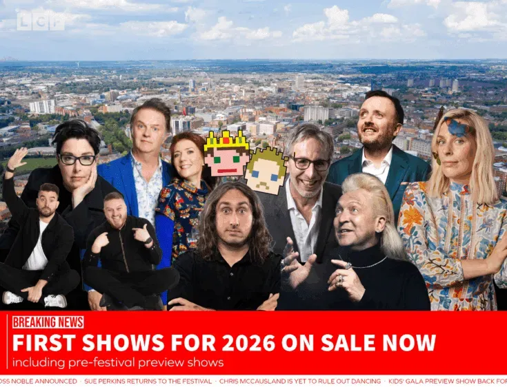 BBC promotional graphic: Comedians in front of cityscape; text 