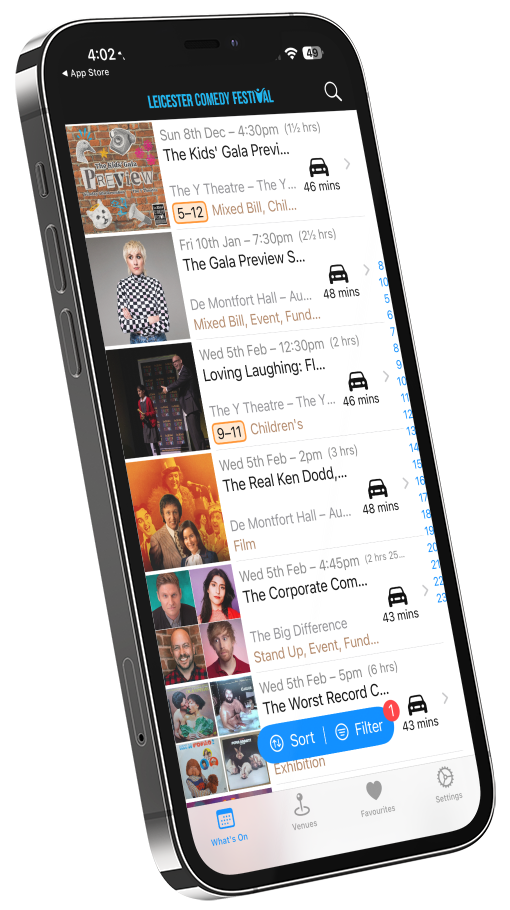 Smartphone displaying a list of upcoming event listings with photo thumbnails and location details.