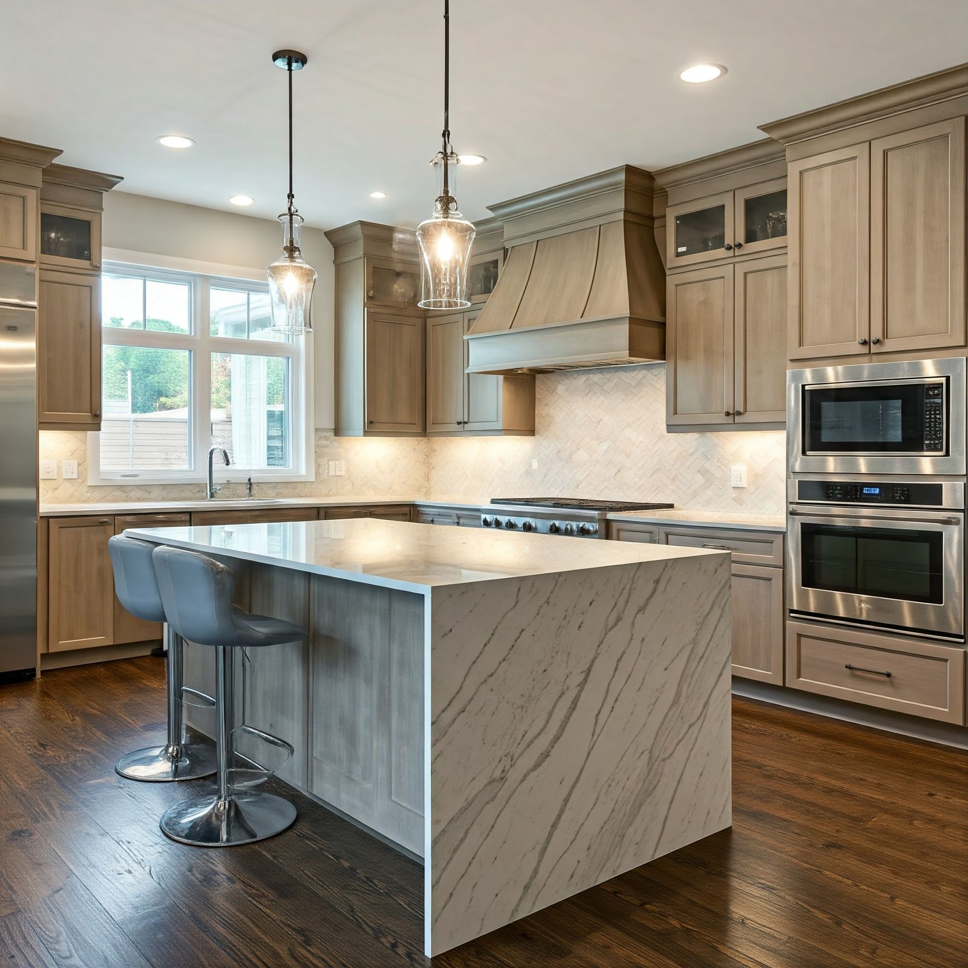 A kitchen with a light hanging from the ceiling.