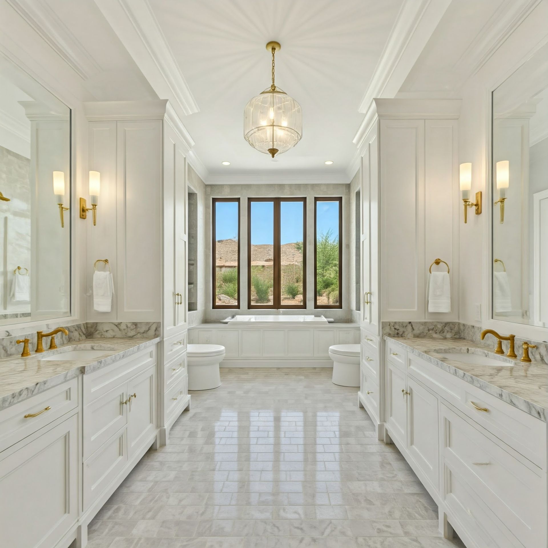 A bathroom with two sinks a toilet and a tub