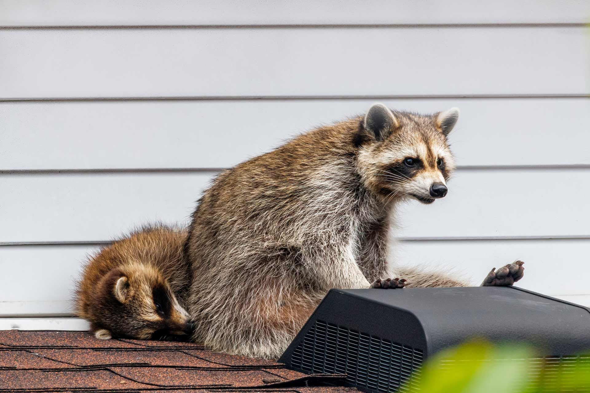 Raccoon and cub sit on rooftop near a white siding wall; brown fur, black mask, alert look.