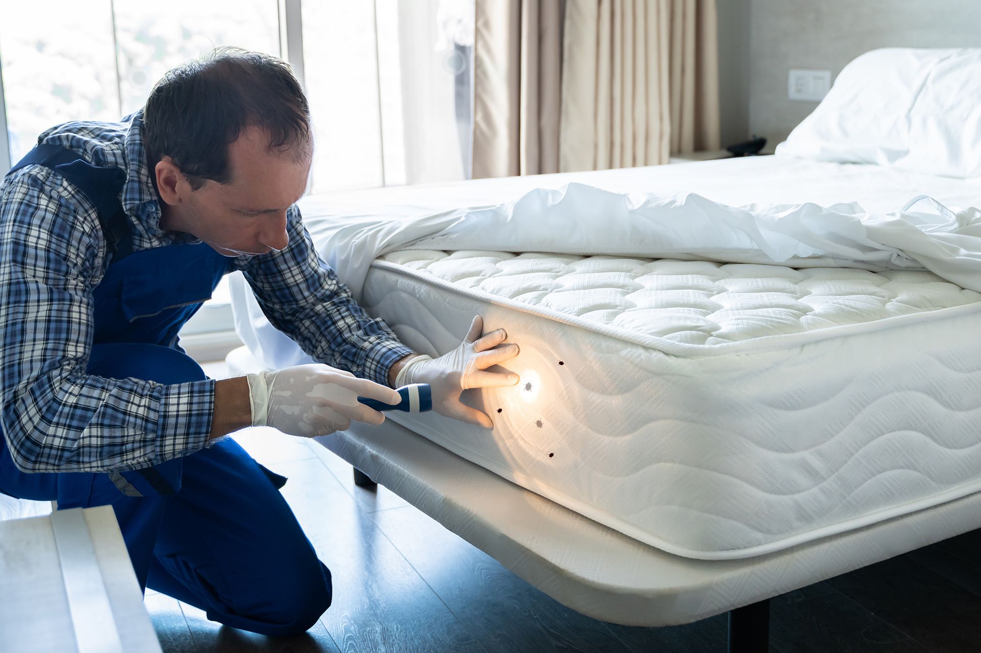 Pest control worker examining a mattress with a flashlight. Bedroom setting.