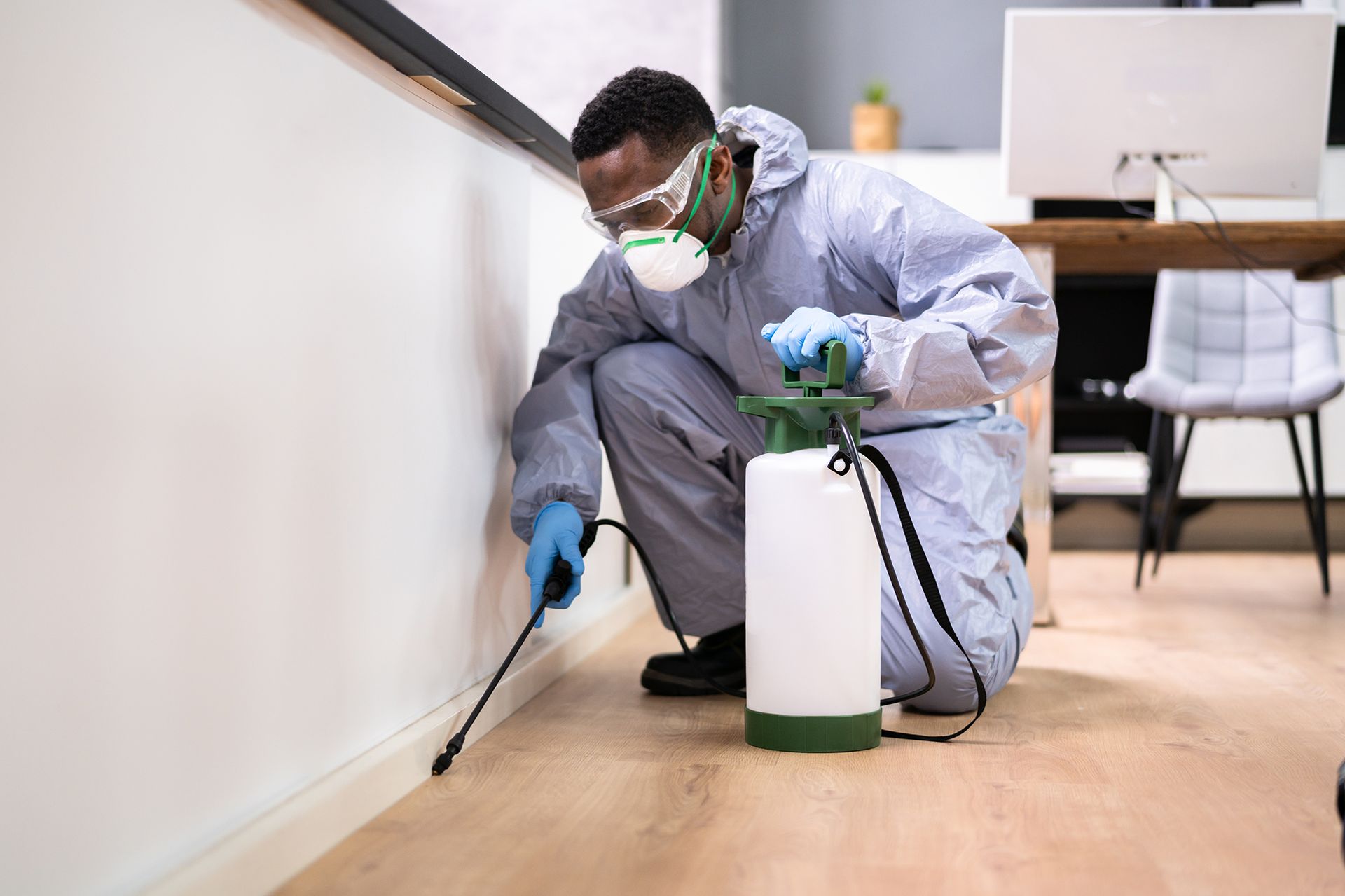 Pest control worker in protective gear spraying insecticide along a wall baseboard in an office.