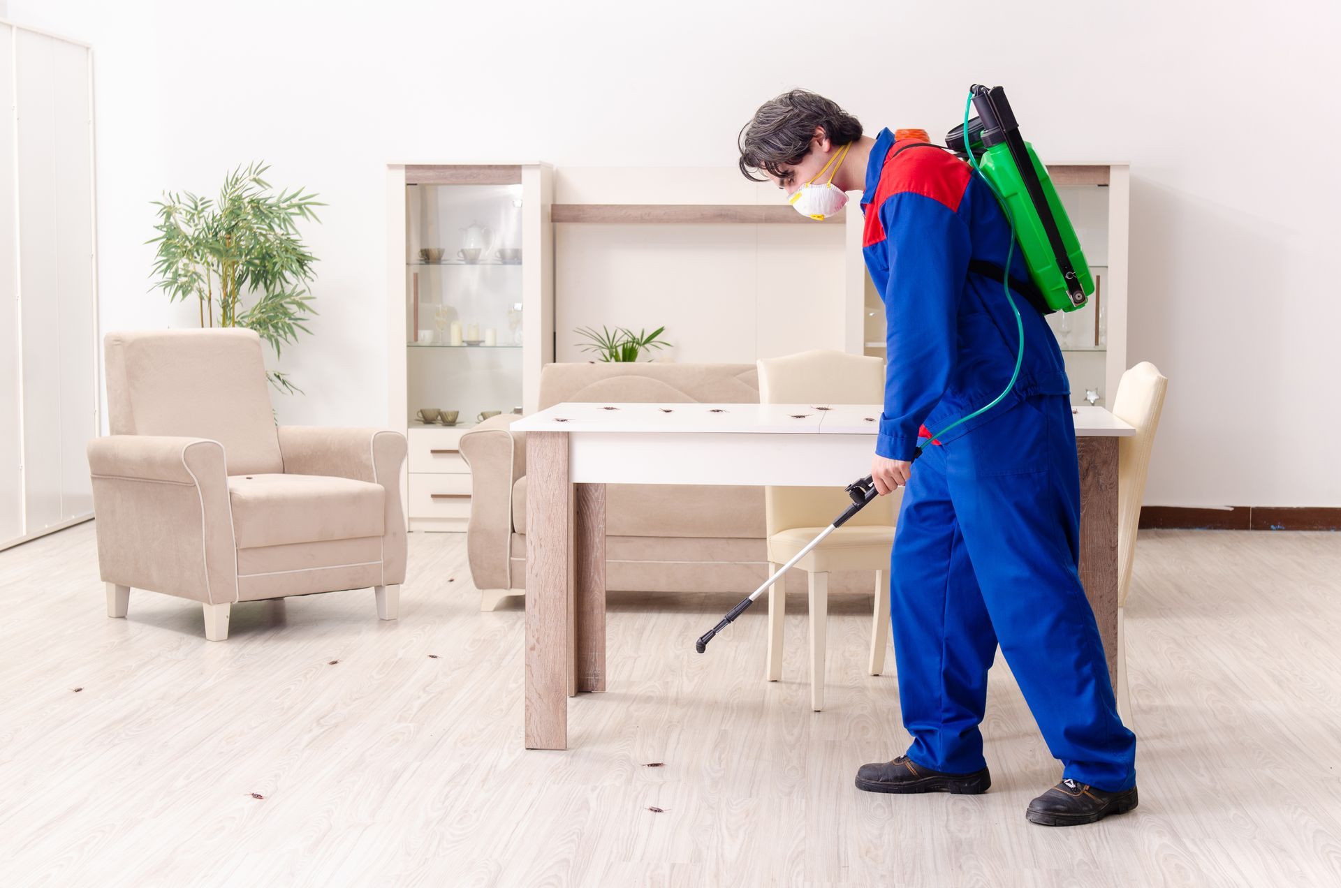 A pest control worker in a blue uniform and face mask sprays a table in a furnished living room.