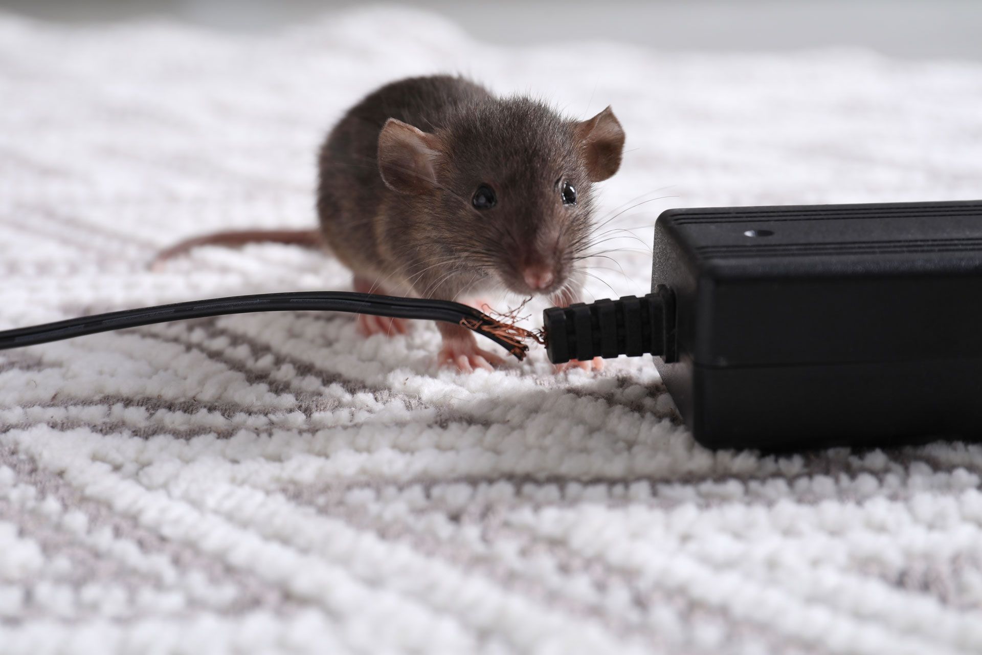 A small brown mouse stands on a white textured carpet next to a severed black power cord attached to a transformer block.