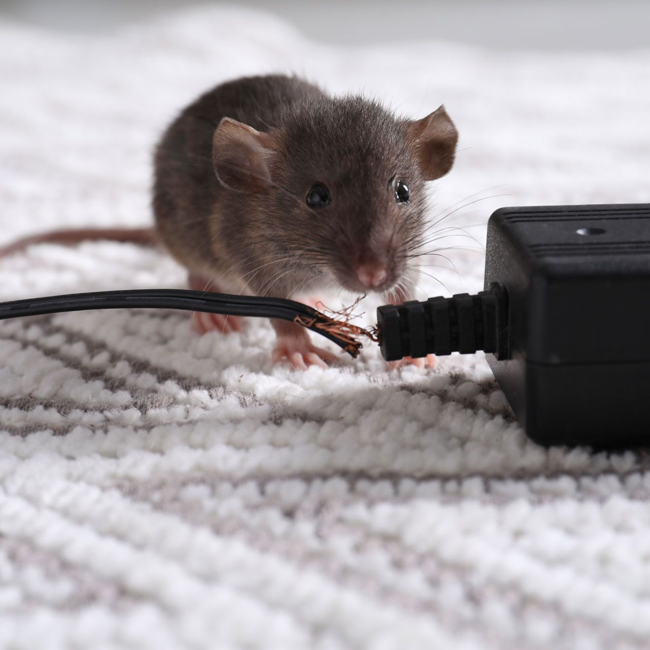 A small brown mouse stands on a textured white surface, looking at a black power adapter with a severed electric cord.