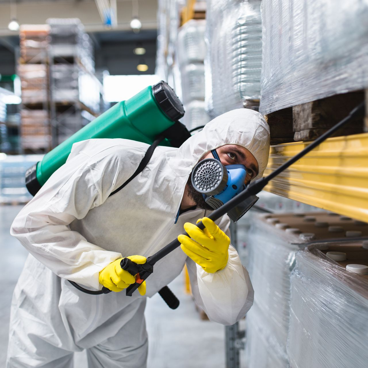 A person in protective gear and a respirator sprays pest control chemicals on warehouse pallets.