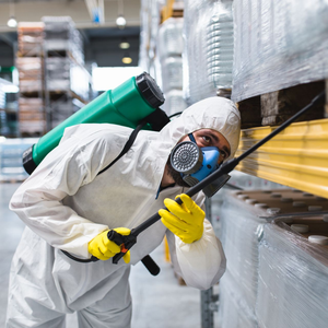 A person in protective gear and a respirator sprays pest control chemicals on warehouse pallets.