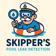 Captain in life preserver with magnifying glass, for Skipper's Pool Leak Detection.