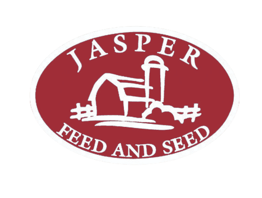 A logo for jasper feed and seed with a barn and silo