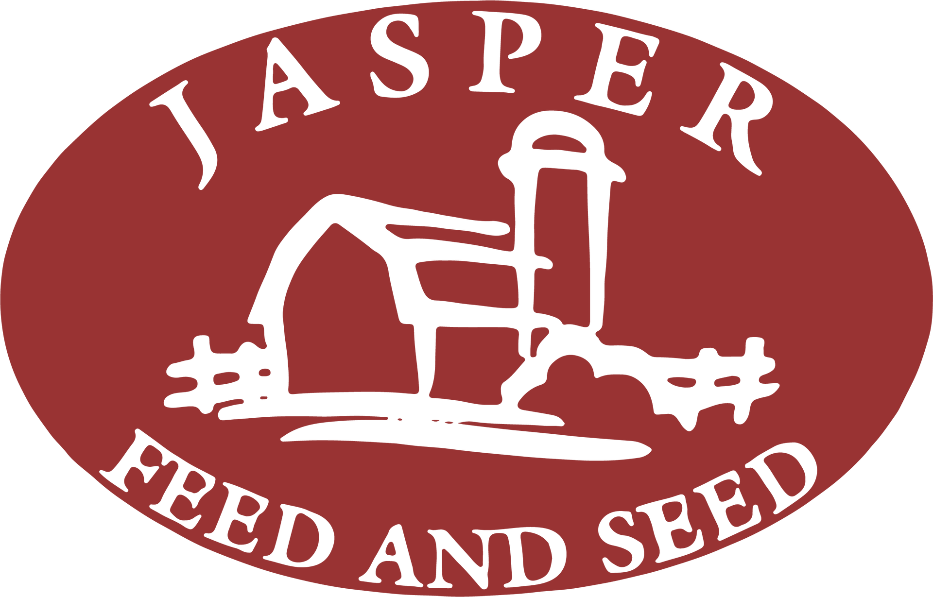 A logo for jasper feed and seed with a barn and silo