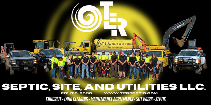 A group photo of the T.E.R. Septic team standing in front of their vehicles and heavy equipment on a dirt lot, showcasing their team and equipment.