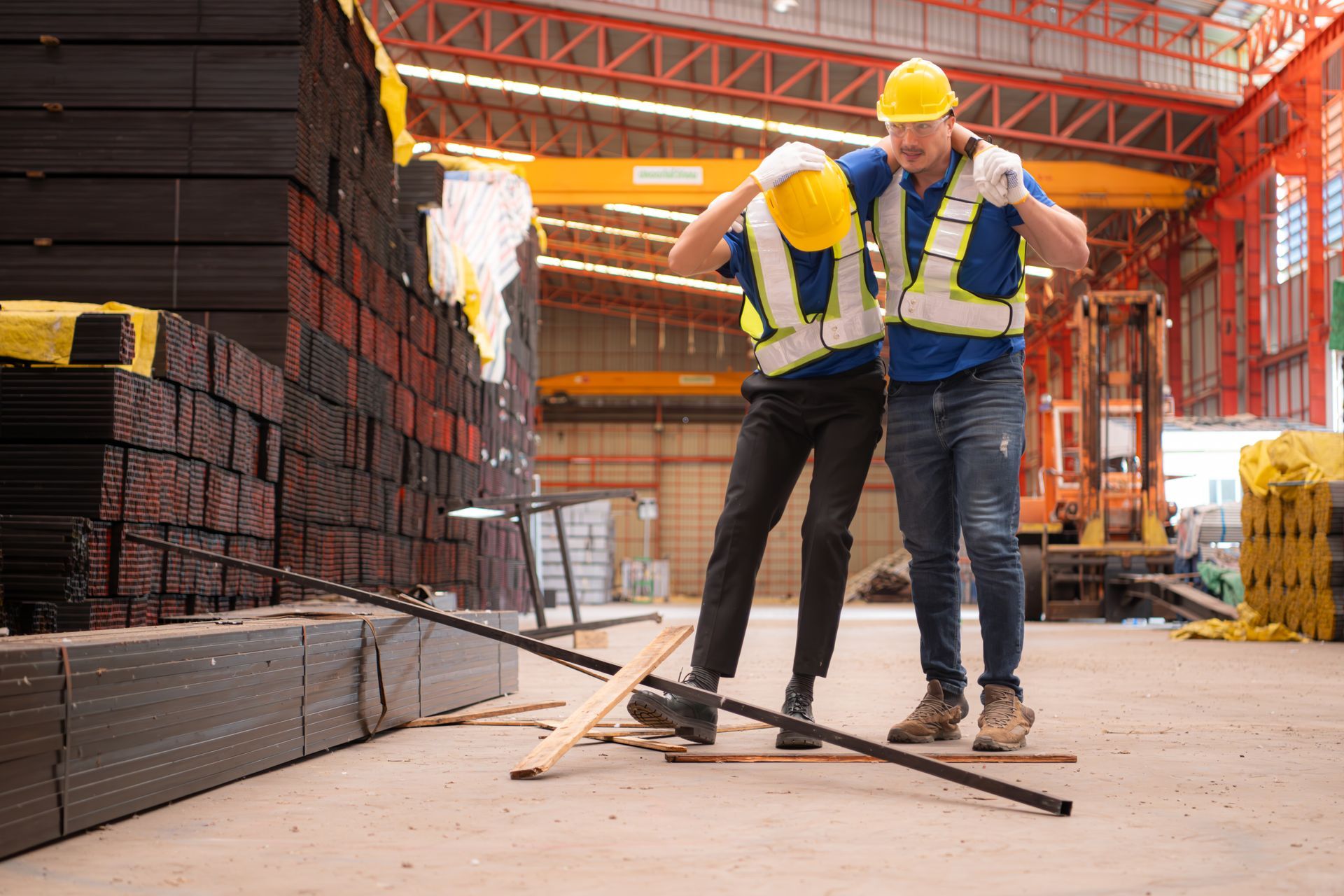 Two construction workers are standing next to each other in a warehouse.