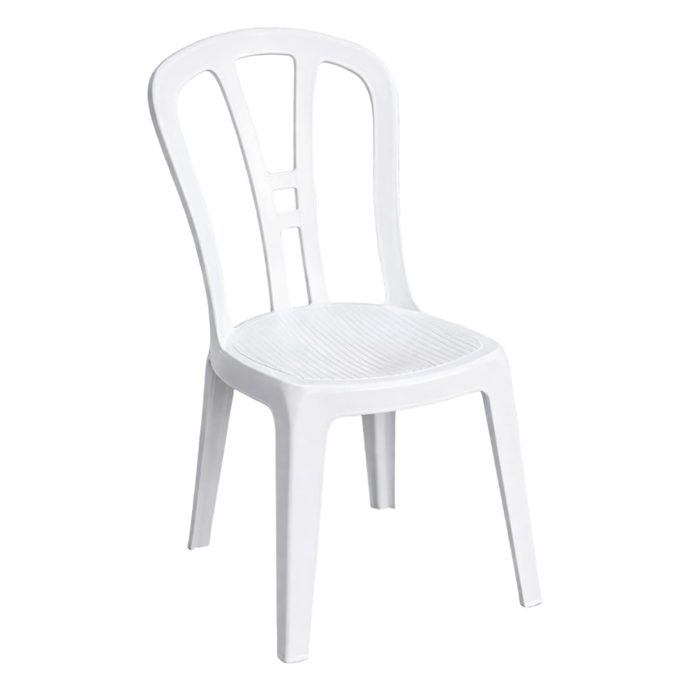 Een witte plastic stoel met een verticale, lattenrugleuning en een ronde, gestructureerde zitting op een witte achtergrond.