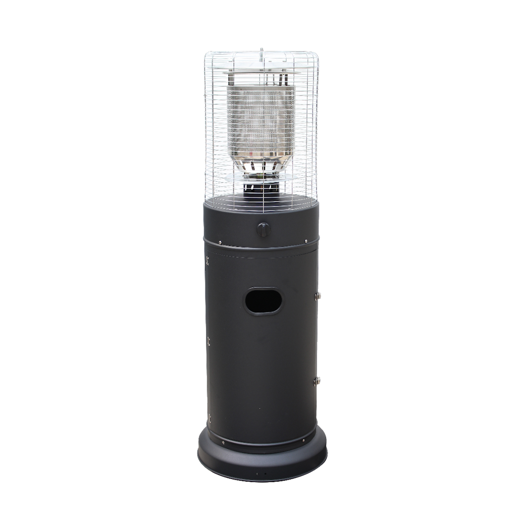 Een zwarte terrasverwarmer op een witte achtergrond.