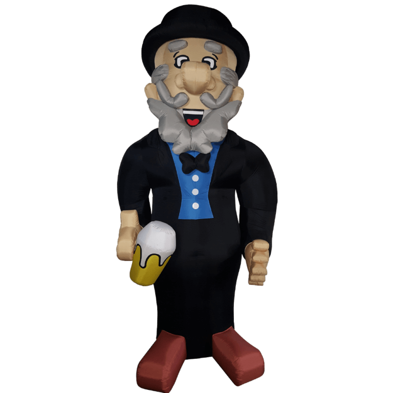 Een opblaasfiguur met een baard houdt een biertje vast