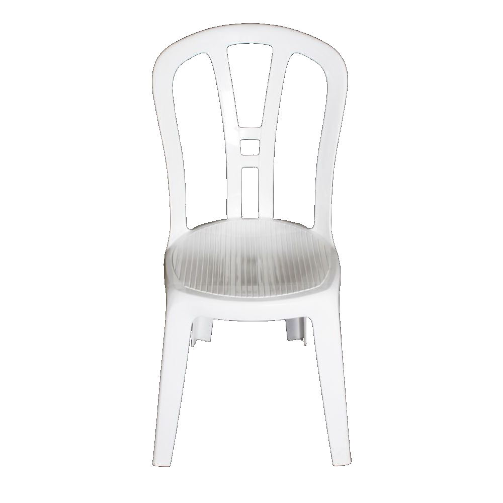 Een witte plastic stoel op een witte achtergrond