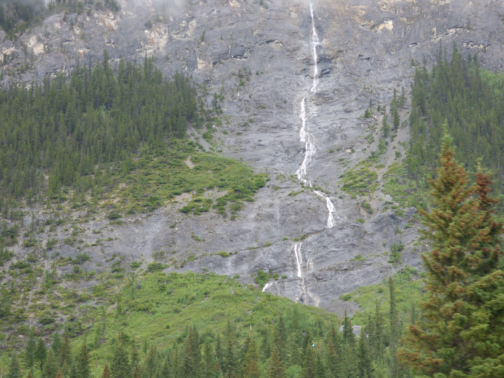 A waterfall is coming down the side of a mountain surrounded by trees.