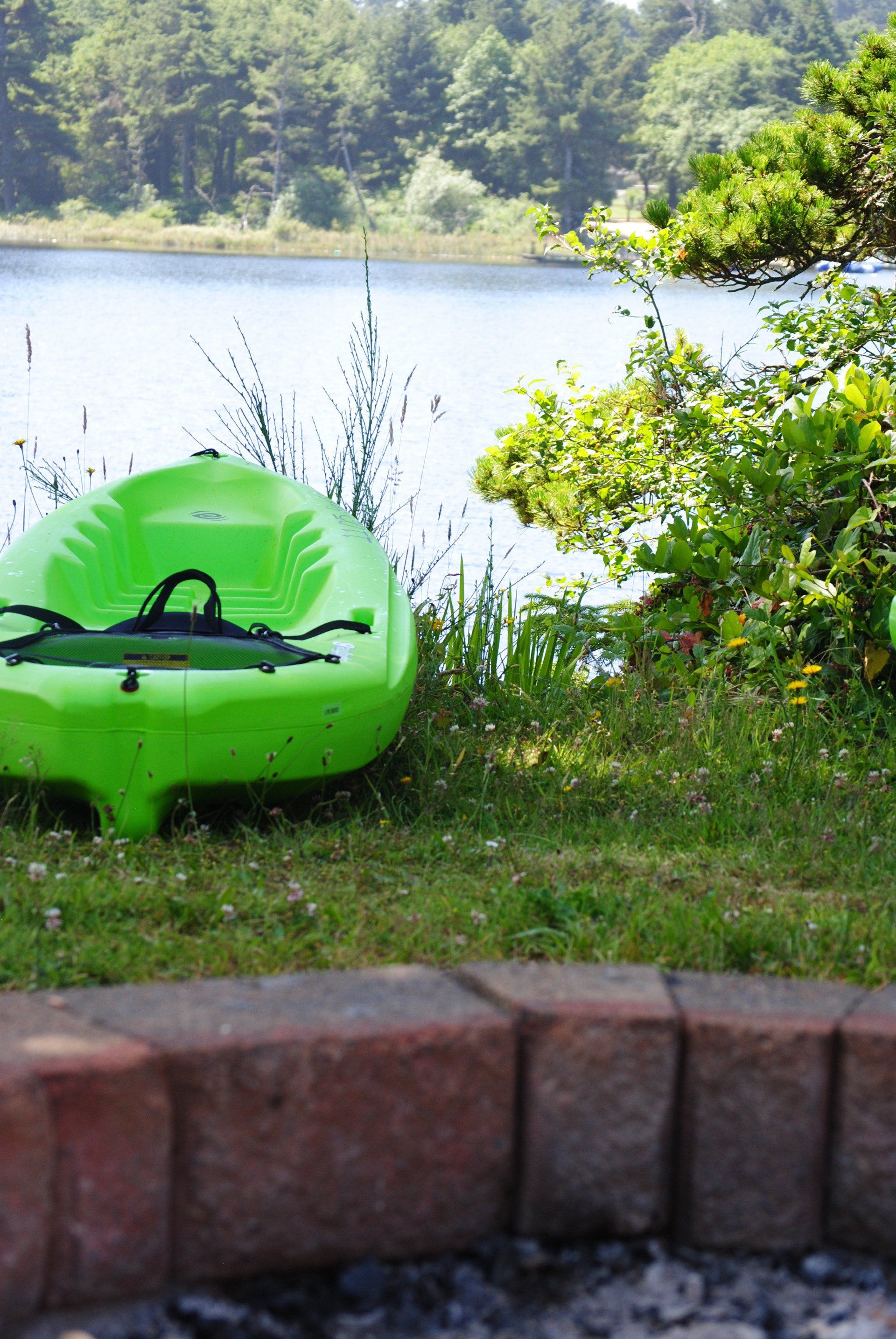 A green kayak is sitting on the grass near a lake.
