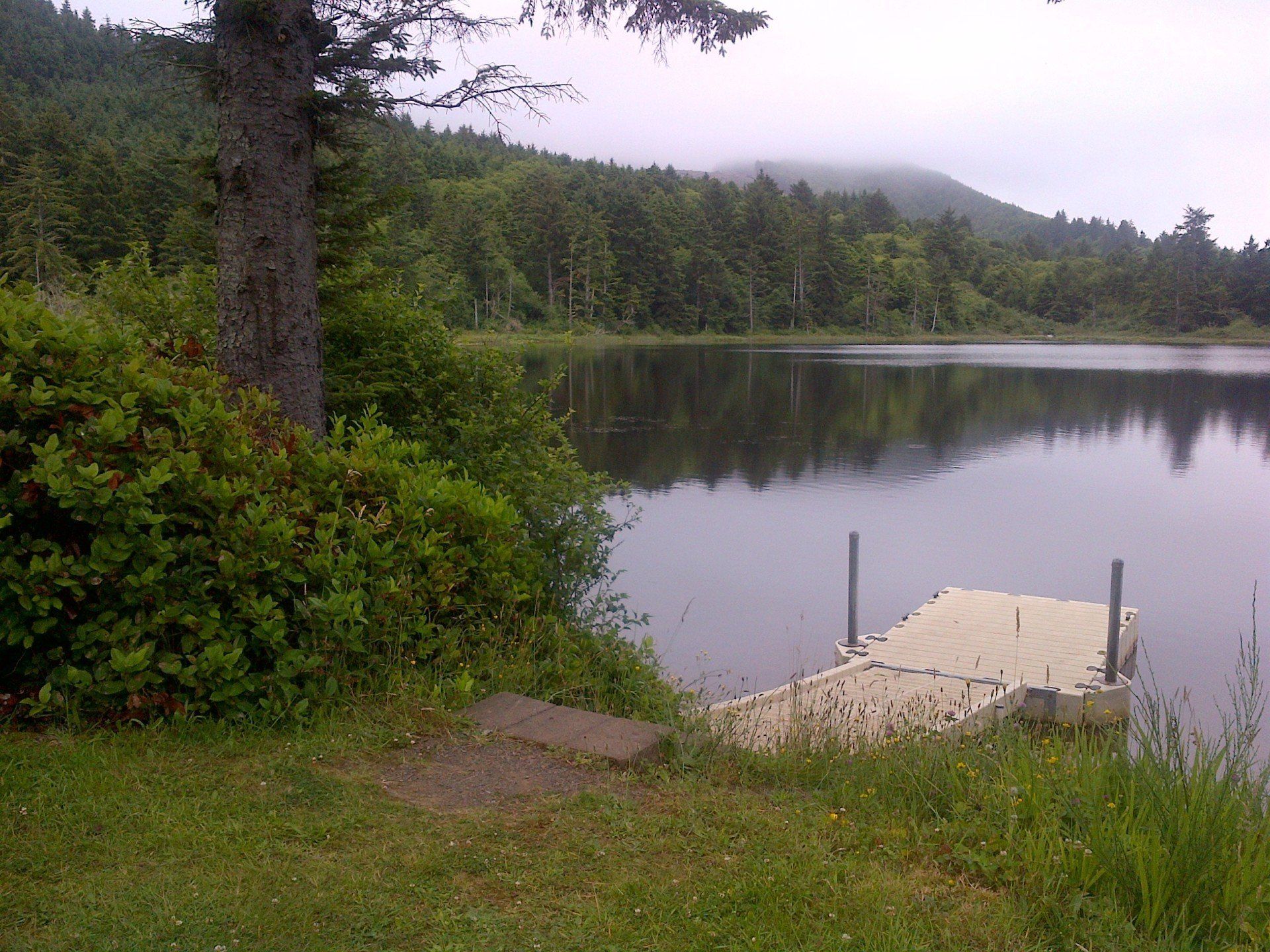 A lake with a dock in the middle of it