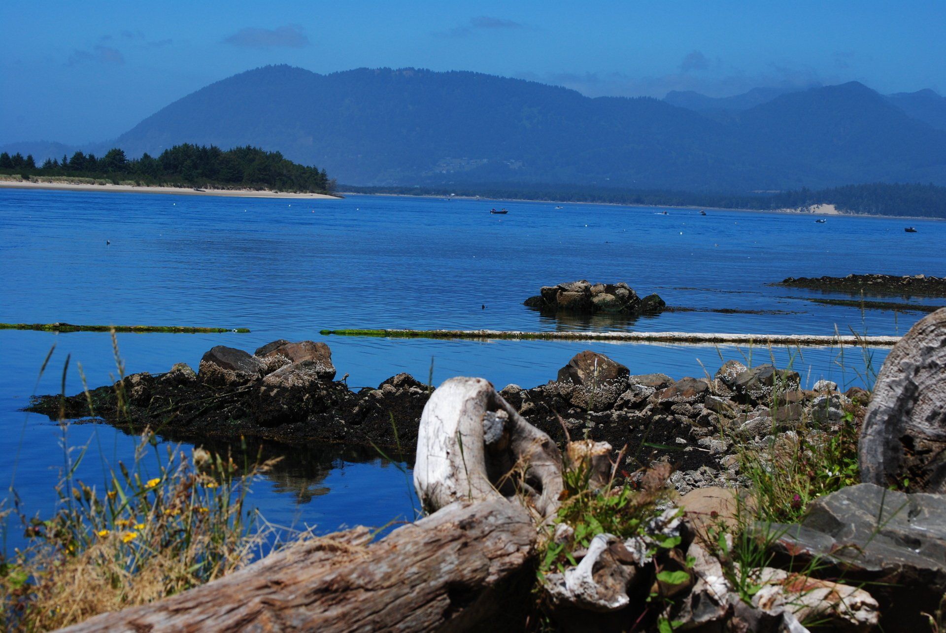 A large body of water with mountains in the background