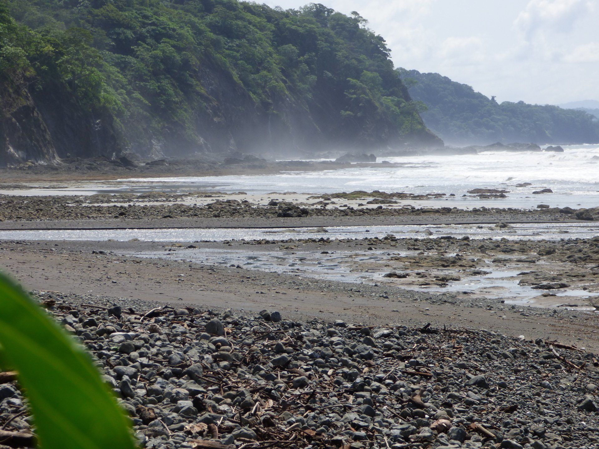 A beach with rocks and trees in the background