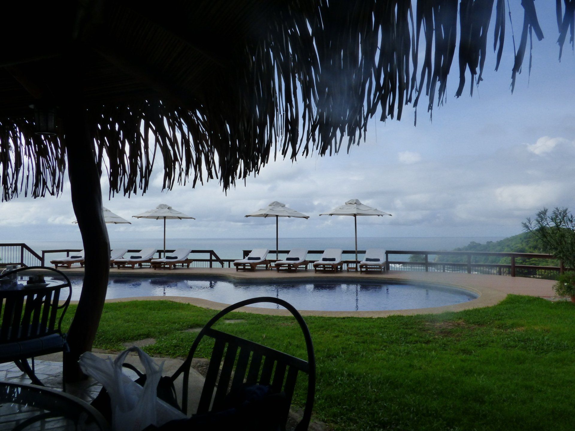 A swimming pool with chairs and umbrellas in the background