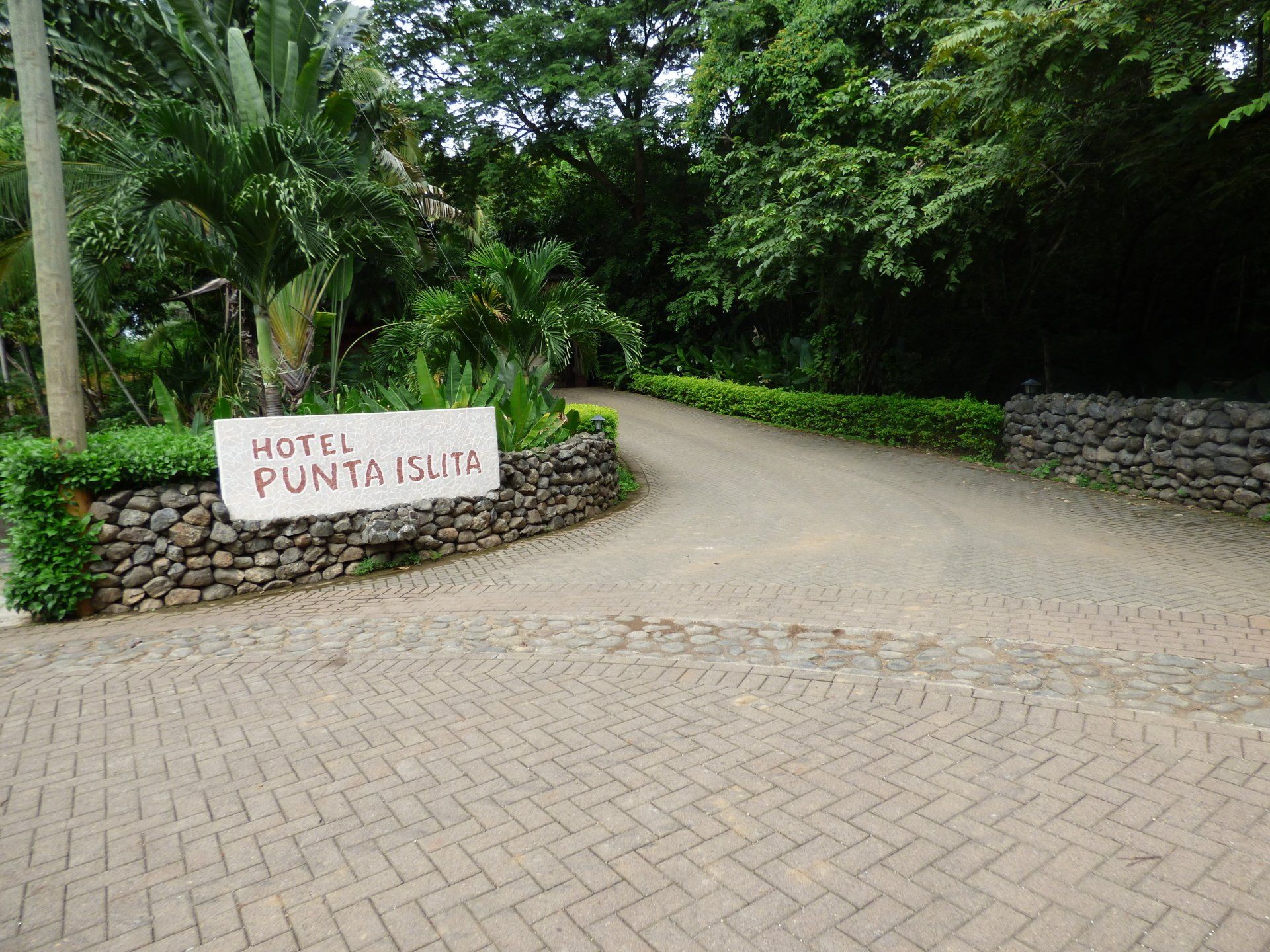 A brick driveway leading to a hotel surrounded by trees and bushes.