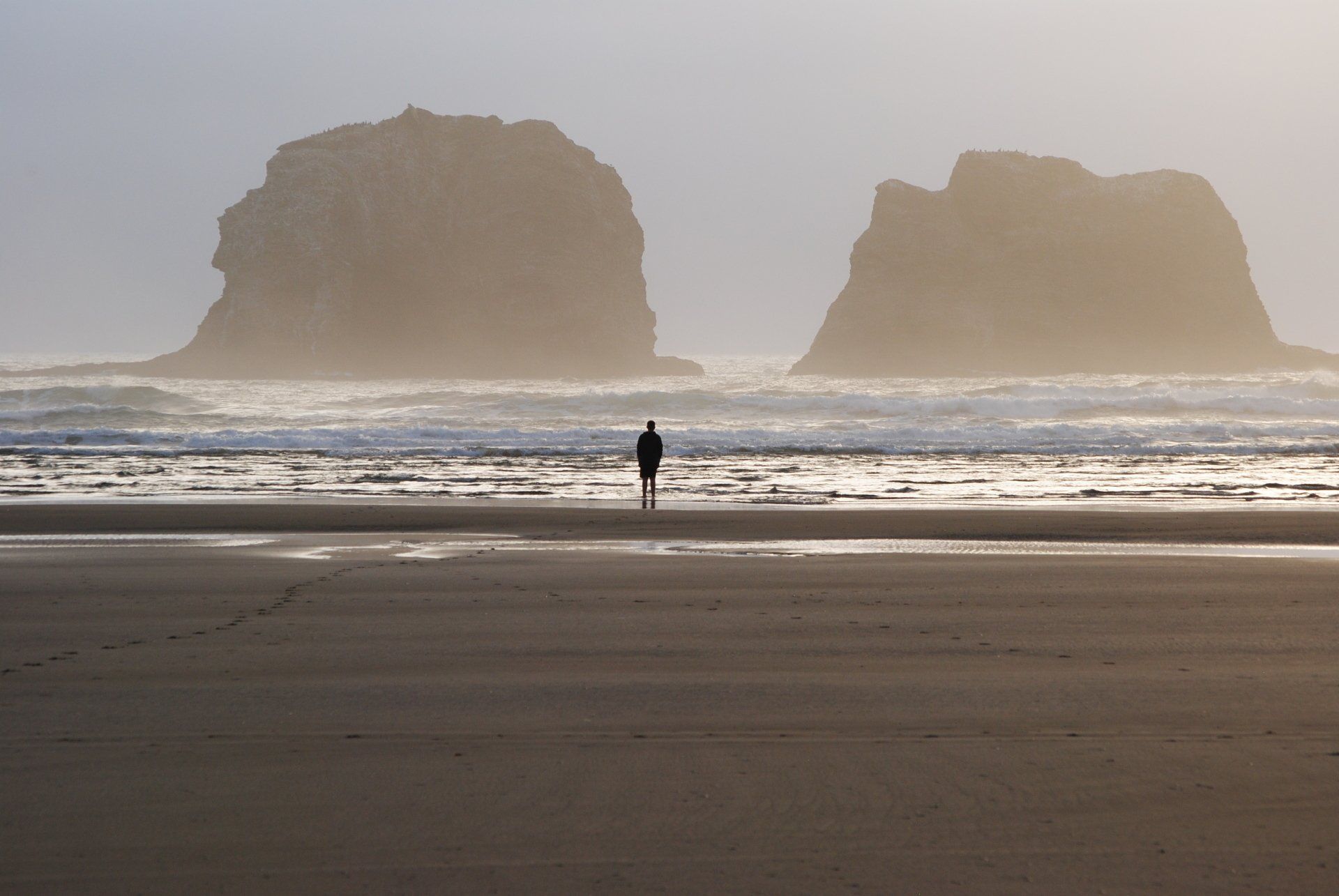 A man is standing on a beach looking at the ocean.