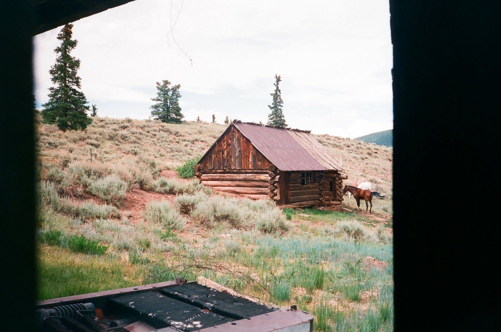 A horse is standing in front of a log cabin on a hill.