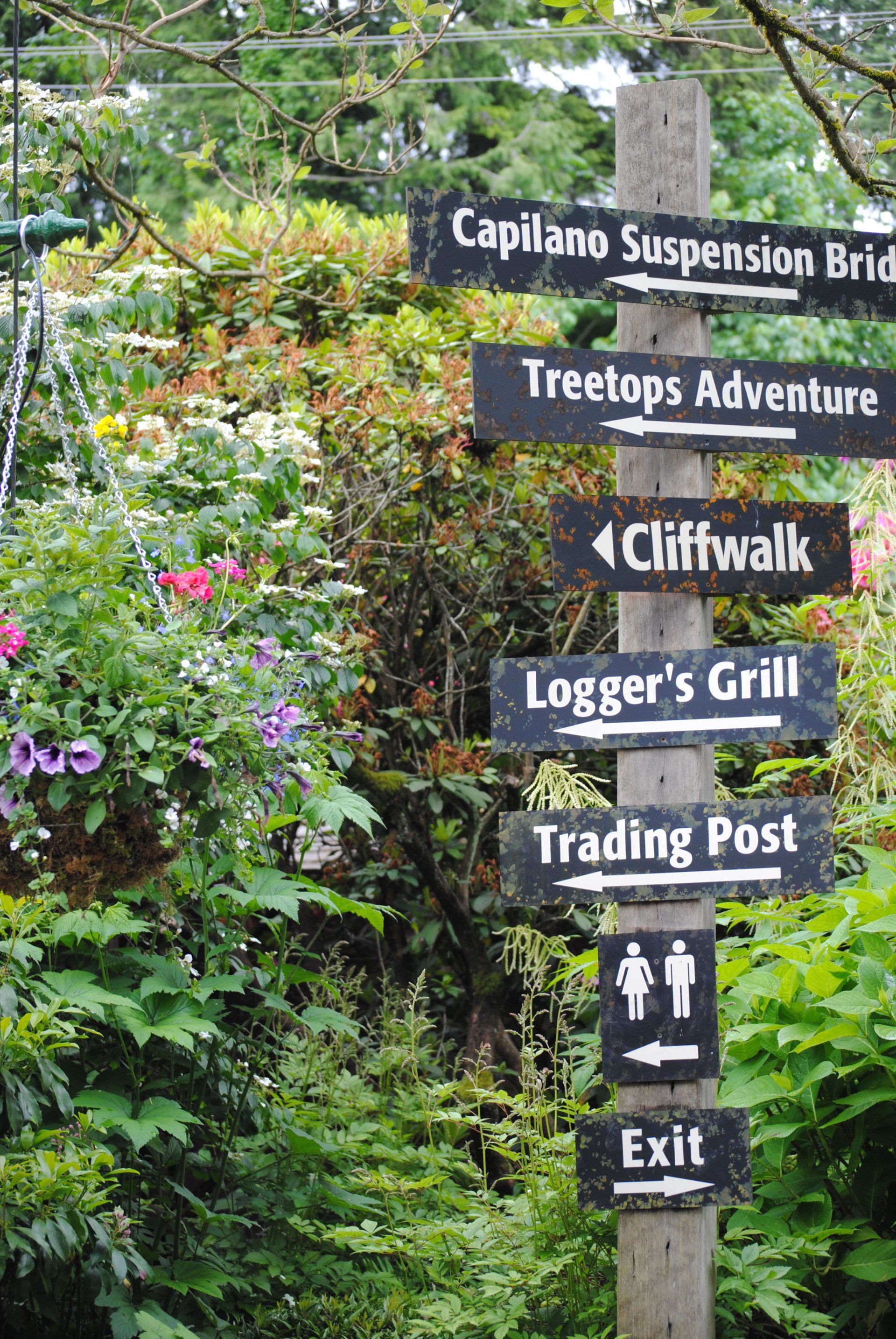 A wooden post with a bunch of signs on it in a garden.