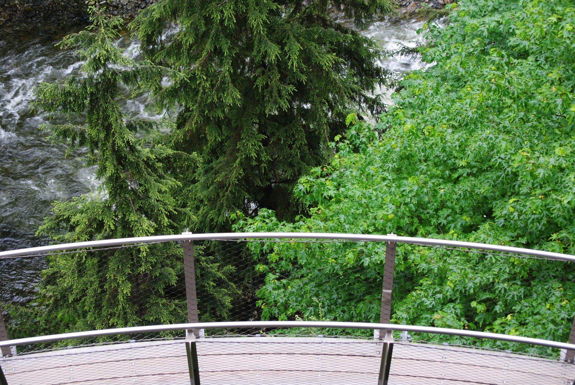 A bridge over a river with trees in the background